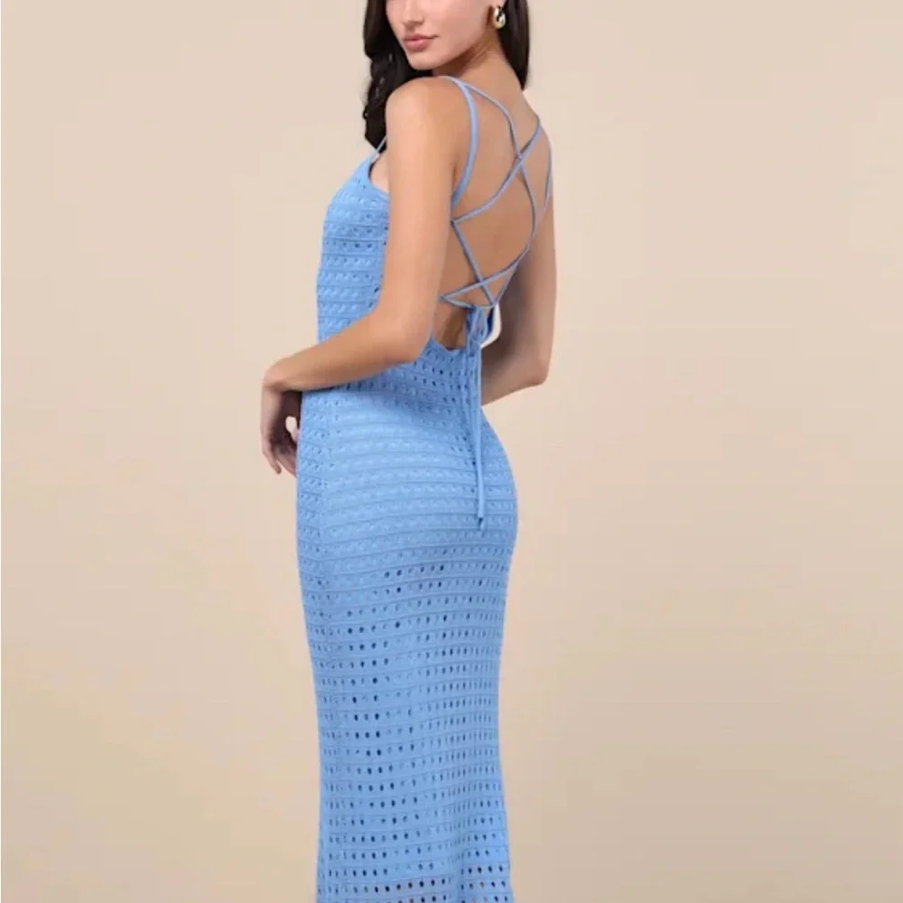 Lulus Ventura Vision Blue Crochet Lace-up Midi Dress - Size S - Picture 3 of 4